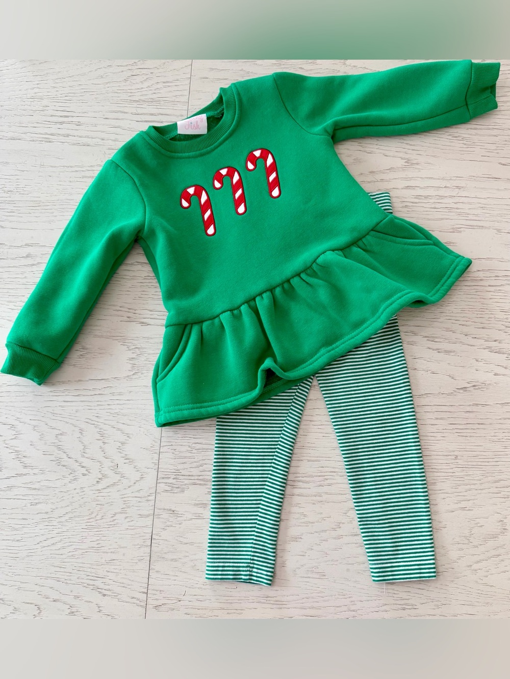 Stitchy Fish Green Red Candy Cane Peplum Christmas Top & Stripe Leggings Set 2T